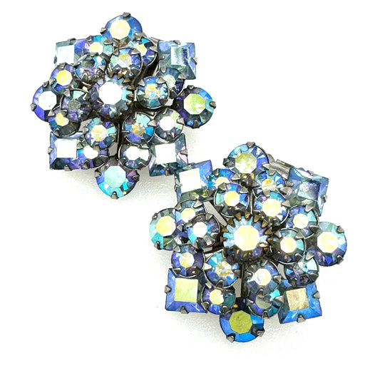 Unsigned Blue Yellow Aurora Borealis Cluster Clip On Earrings