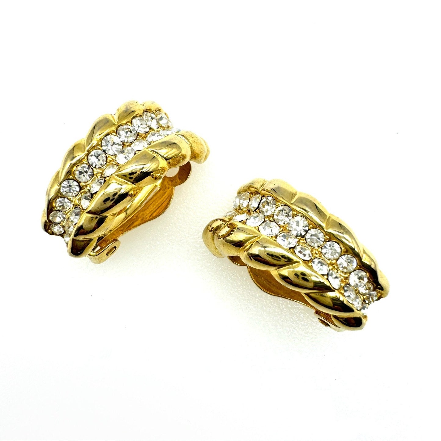 Unsigned Demi Hoop Pave Set Crystals Clip On Earrings