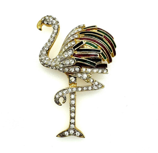 Unsigned Enamel and Rhinestone Flamingo Brooch with Raised foot