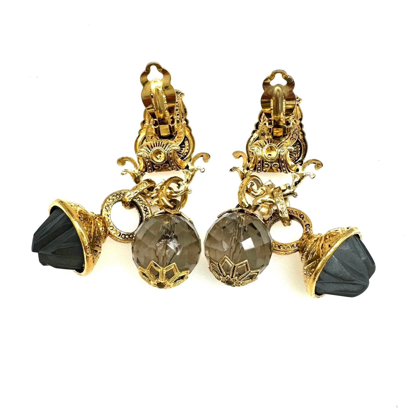 Zoe Coste Reminiscence Paris Smokey Crystal and Opaque Frosted Grey Glass Clip On Earrings