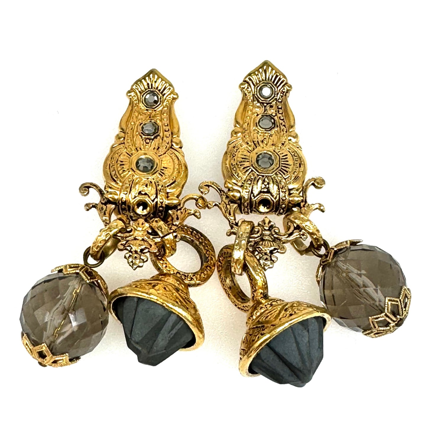 Zoe Coste Reminiscence Paris Smokey Crystal and Opaque Frosted Grey Glass Clip On Earrings