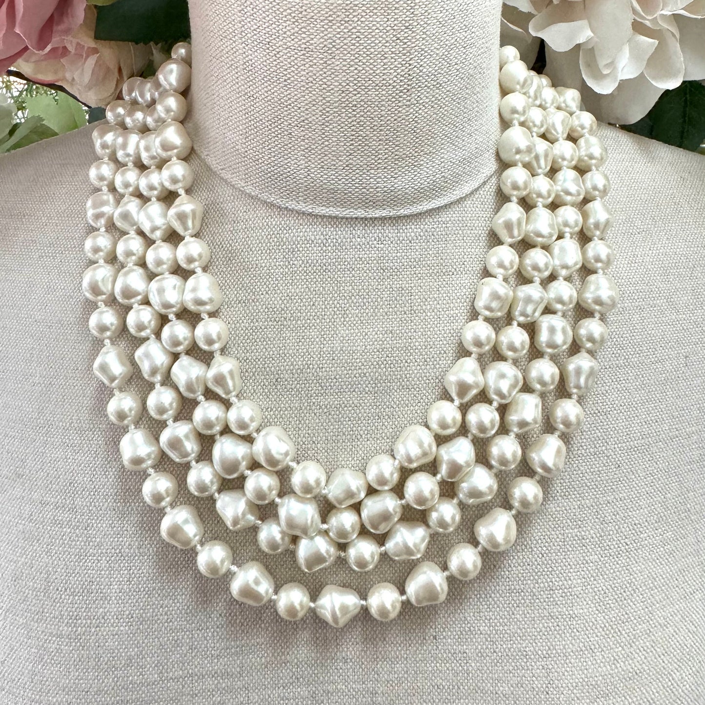 Four Strand Hand Knotted Faux Baroque Pearl Hook Clasp Necklace