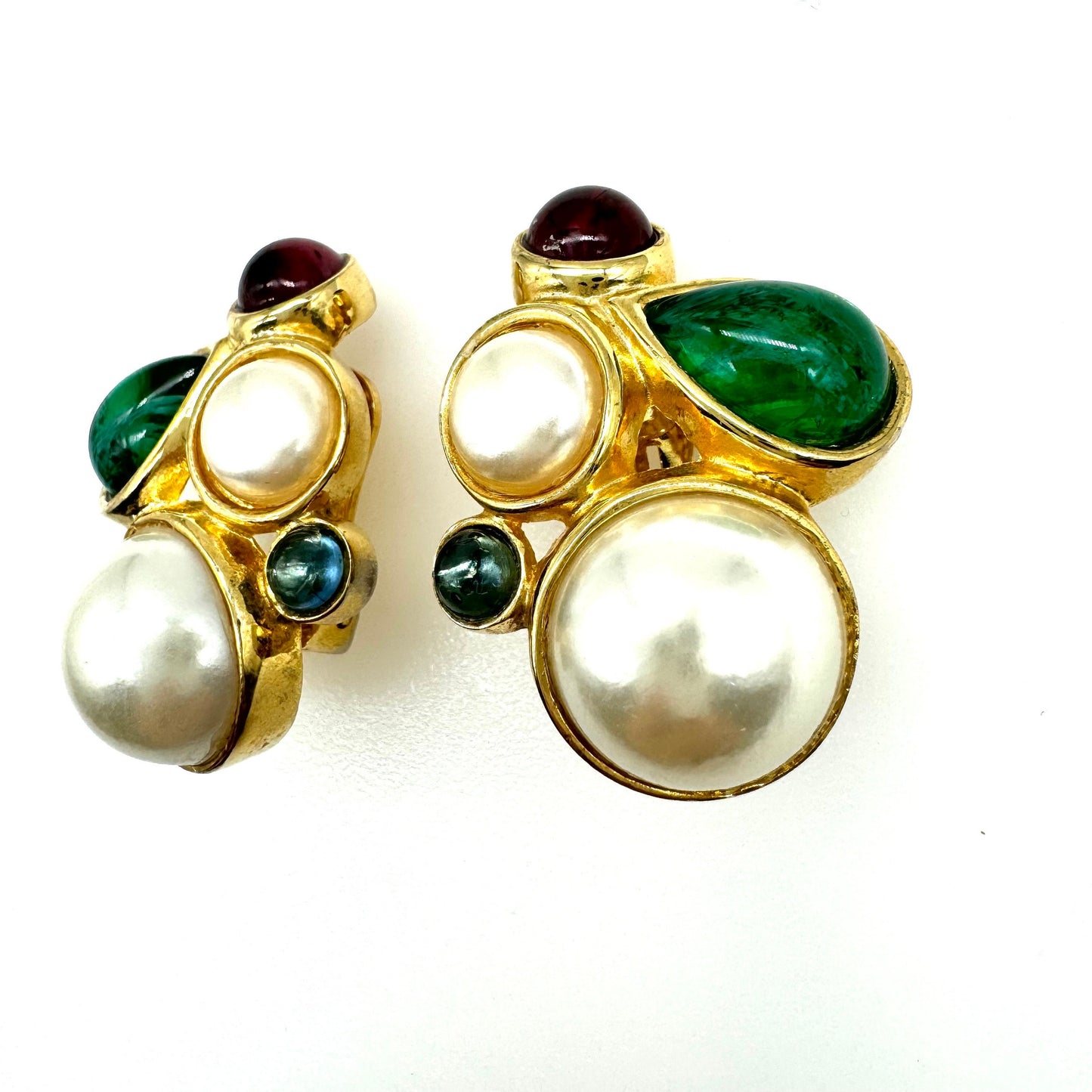 David Grau Large Gripoix Style Multi Art Glass Cabochon and Faux Pearl Clip On Earrings