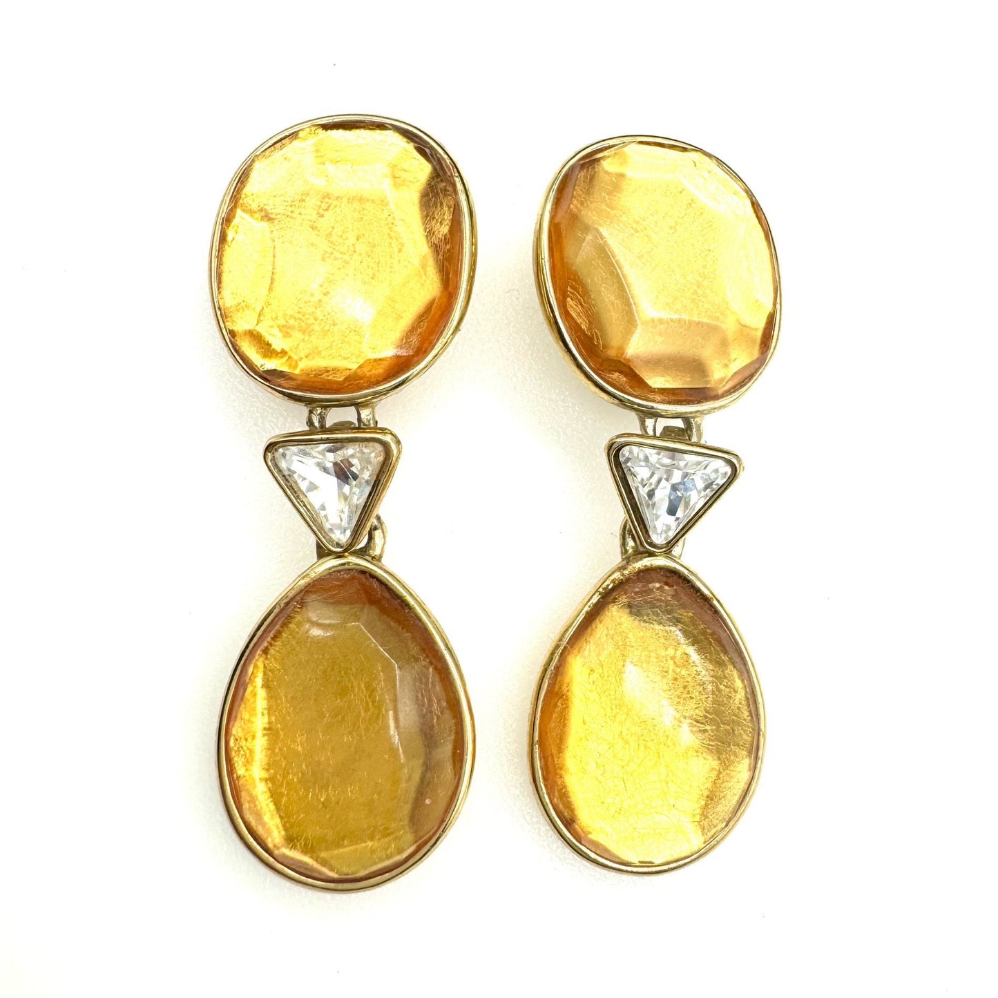 Yves Saint Laurent Made In France Golden Orange Resin and Crystal Drop Clip On Dropper Earrings in YSL Box