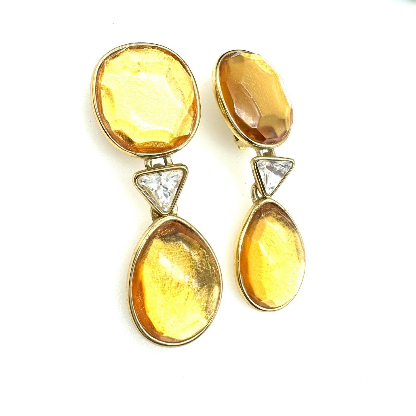 Yves Saint Laurent Made In France Golden Orange Resin and Crystal Drop Clip On Dropper Earrings in YSL Box