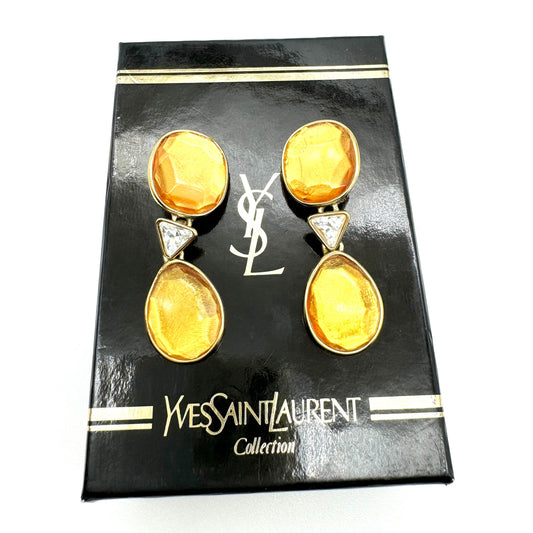 Yves Saint Laurent Made In France Golden Orange Resin and Crystal Drop Clip On Dropper Earrings in YSL Box