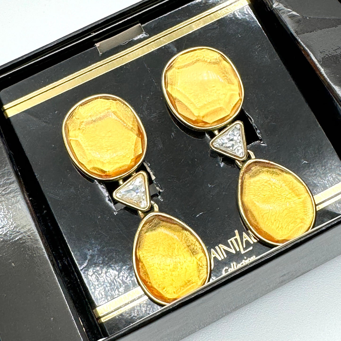 Yves Saint Laurent Made In France Golden Orange Resin and Crystal Drop Clip On Dropper Earrings in YSL Box