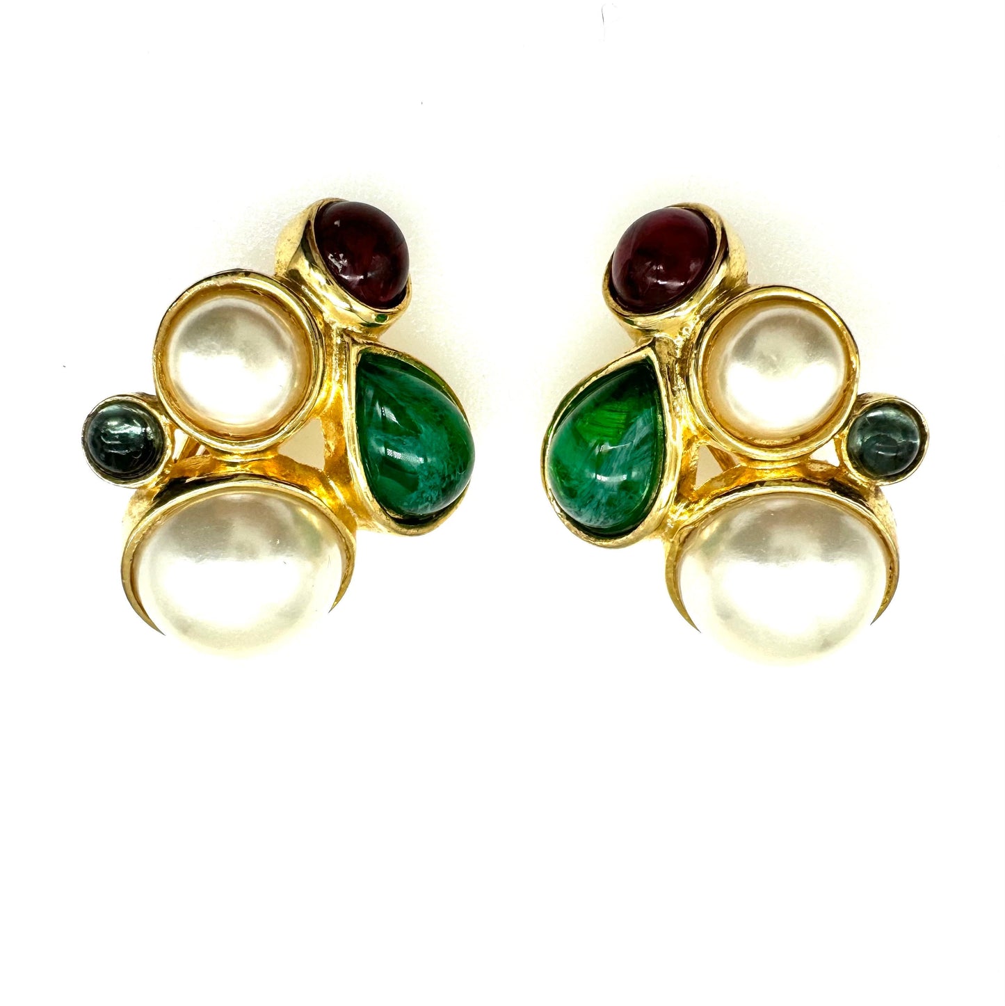 David Grau Large Gripoix Style Multi Art Glass Cabochon and Faux Pearl Clip On Earrings