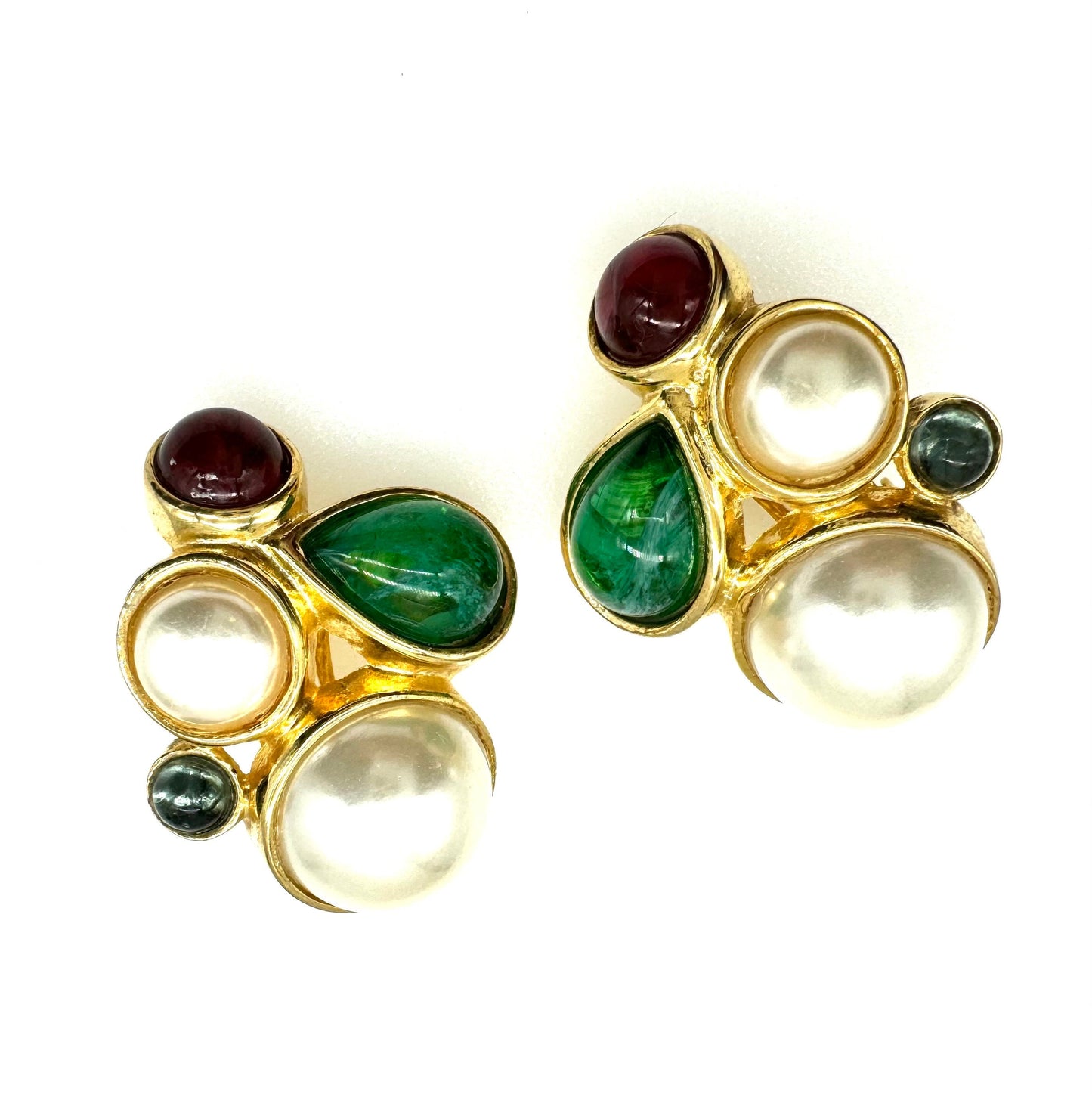 David Grau Large Gripoix Style Multi Art Glass Cabochon and Faux Pearl Clip On Earrings