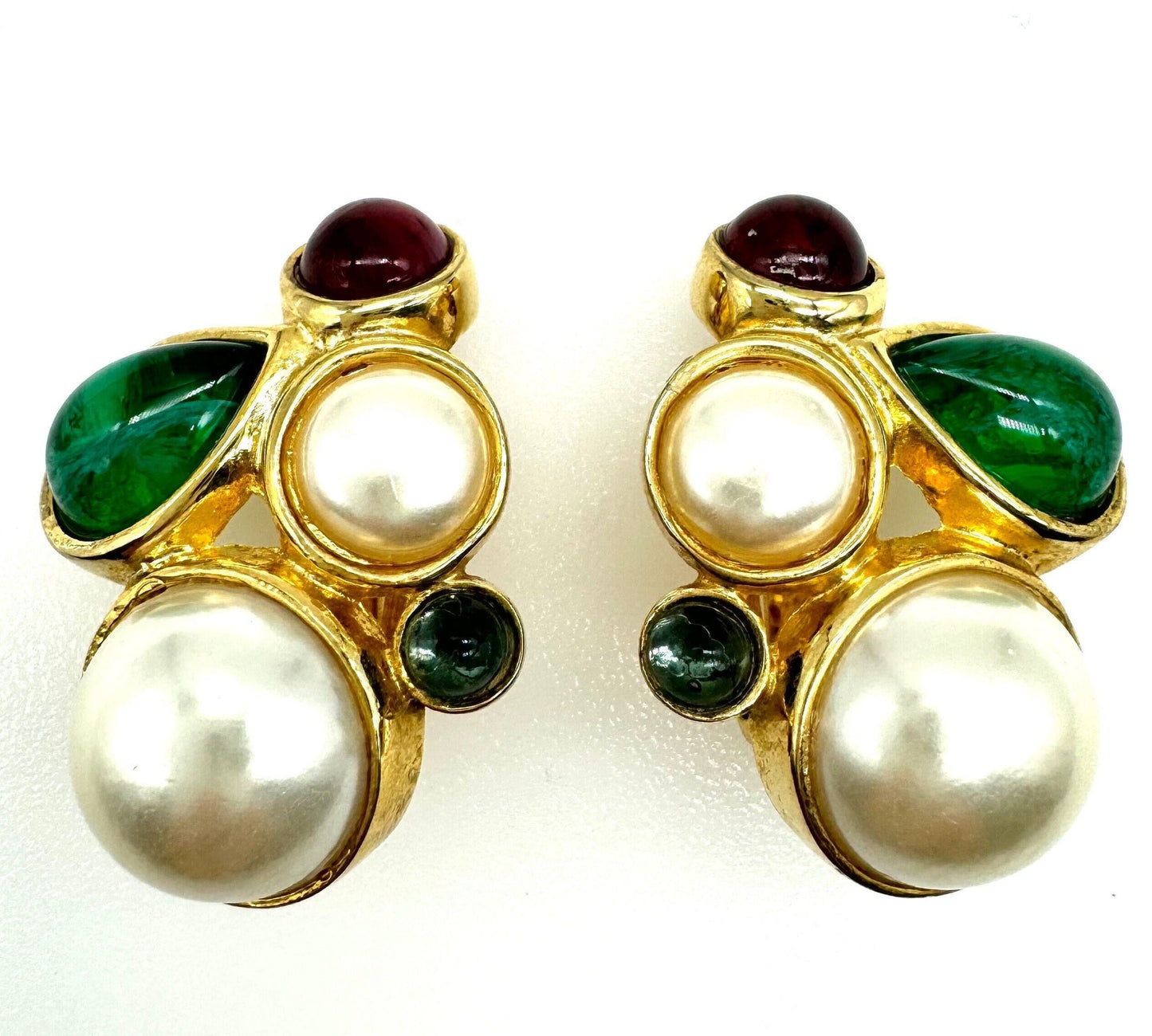 David Grau Large Gripoix Style Multi Art Glass Cabochon and Faux Pearl Clip On Earrings