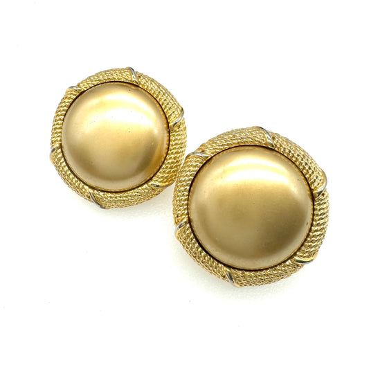 Unsigned Round Satin Gold Domed Clip on Earrings with Textured Surround