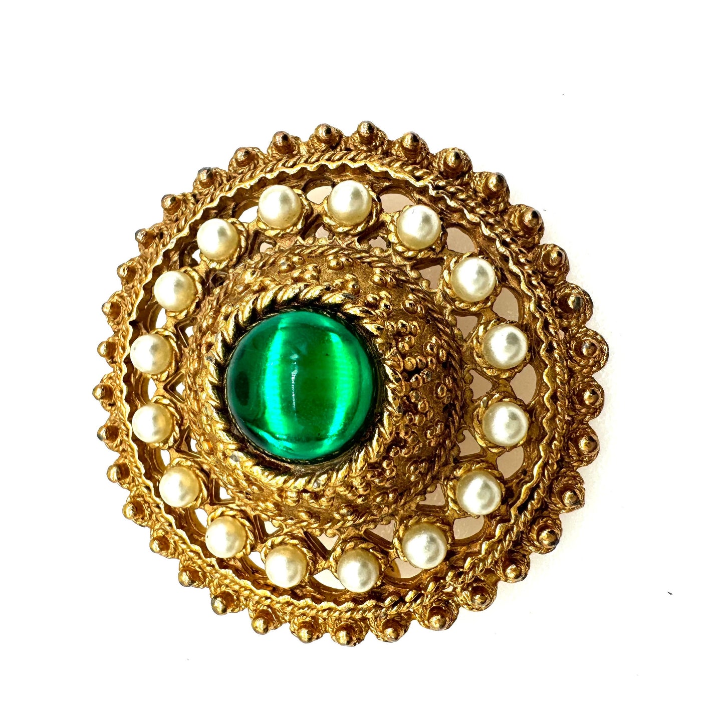 Unsigned Etruscan/Byzantine Inspired Faux Pearl and Green Cabochon Brooch