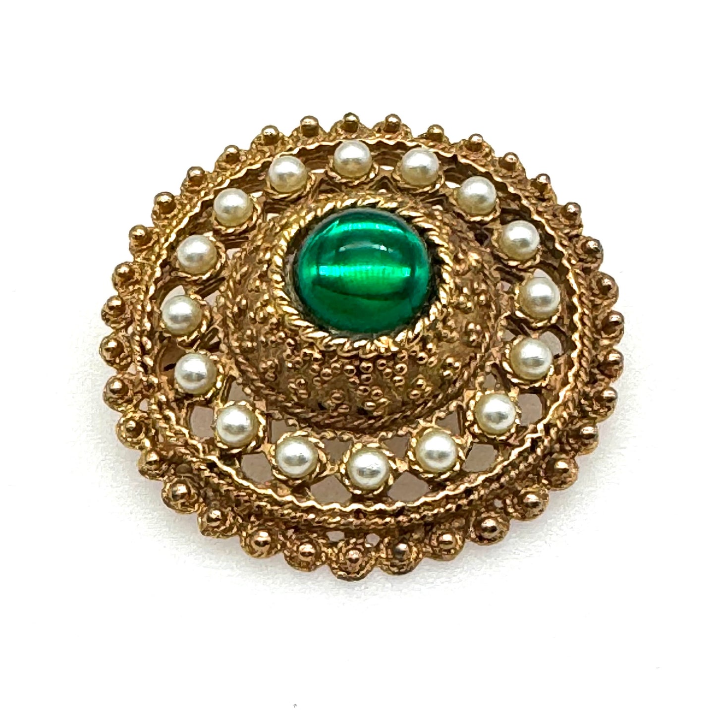 Unsigned Etruscan/Byzantine Inspired Faux Pearl and Green Cabochon Brooch