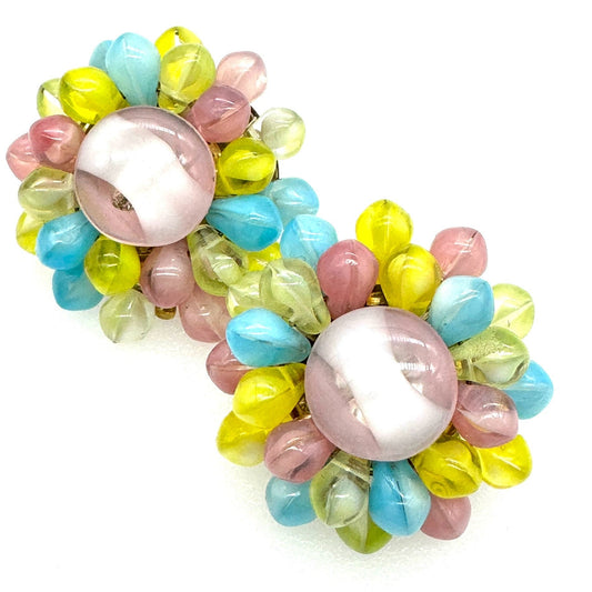 1950's Multi Pastel Art Glass Bead Cluster Flower Clip On Earrings