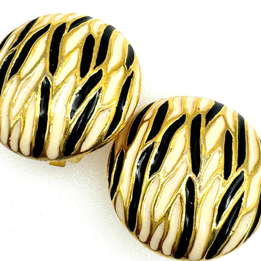 Numbered 2041 Black and Ivory Enamel Clip On Earrings