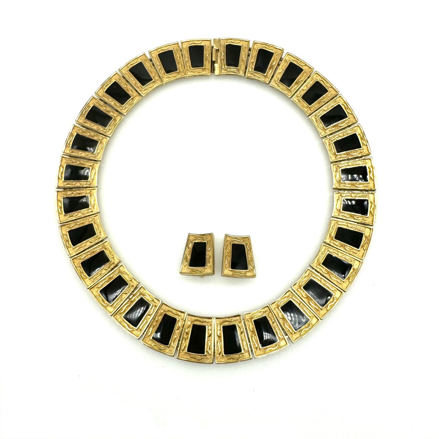 Unsigned Enamel Collar Necklace and Matching Enamel Clip On Earrings