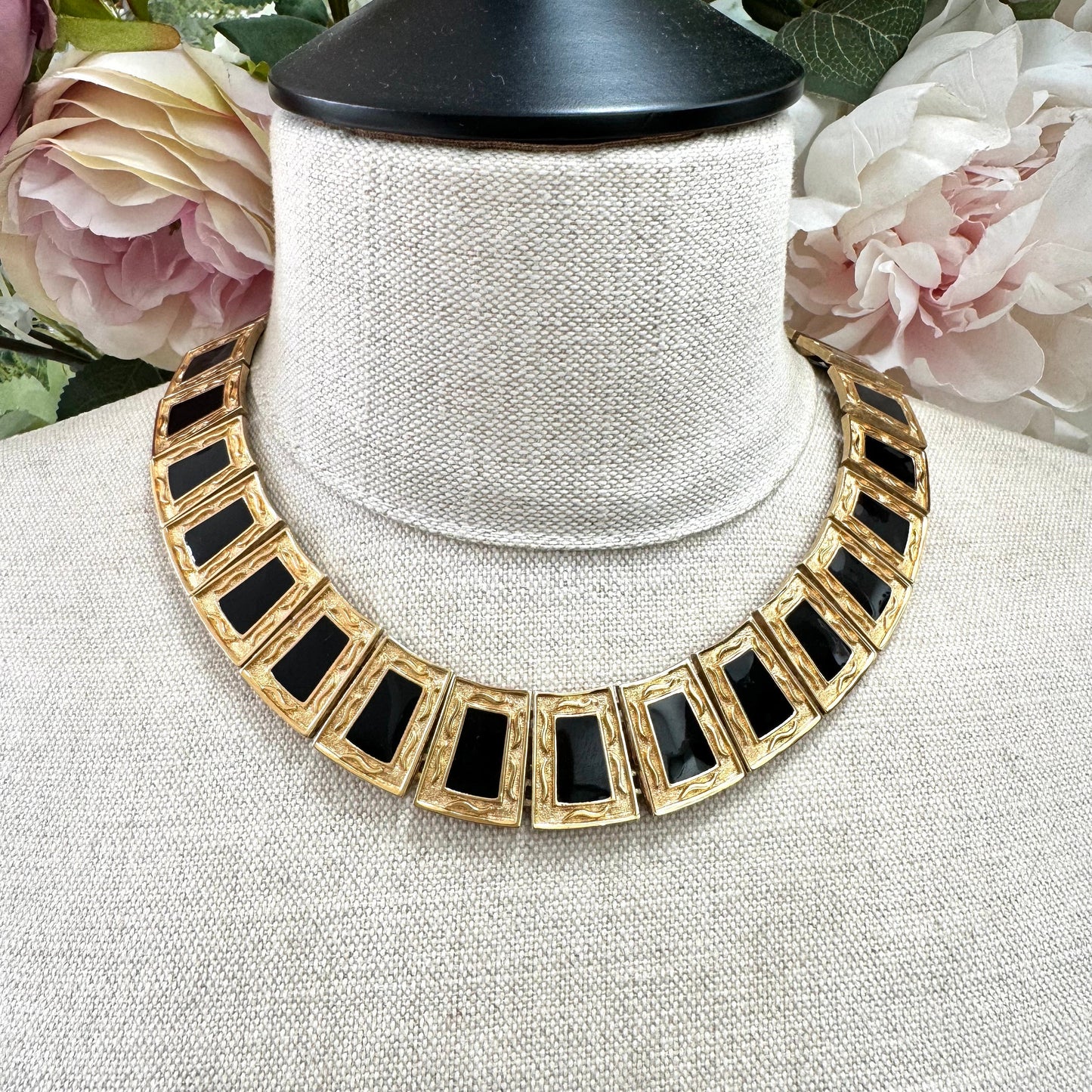 Unsigned Enamel Collar Necklace and Matching Enamel Clip On Earrings