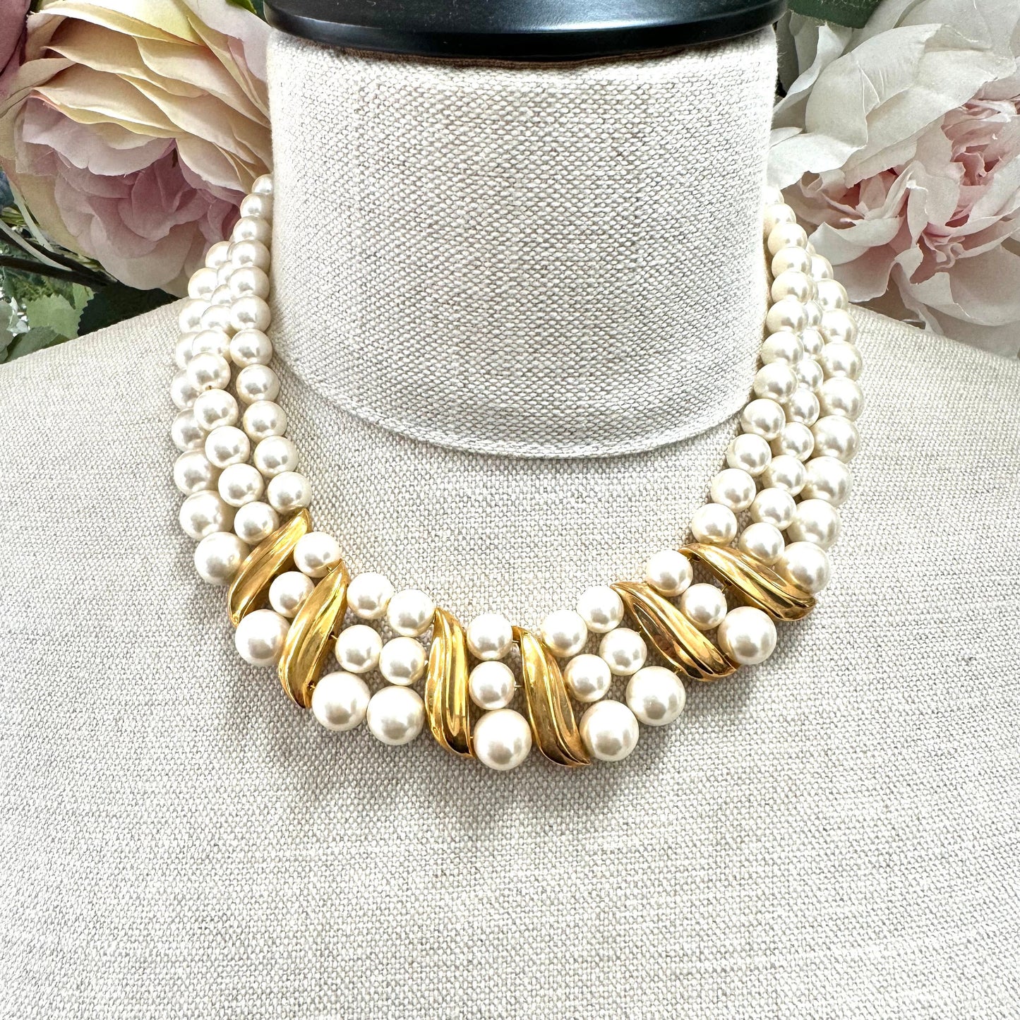 Napier PAT 4.774.743 Three Strand Wired Graduated Faux Pearl Necklace