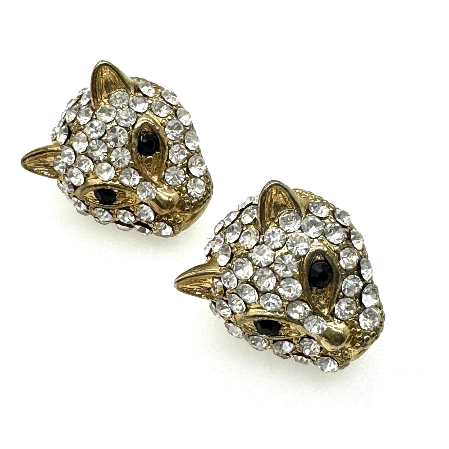 Big Cat / Leopard Head Pierced Rhinestone Earrings with Brand New 925 Silver Backs