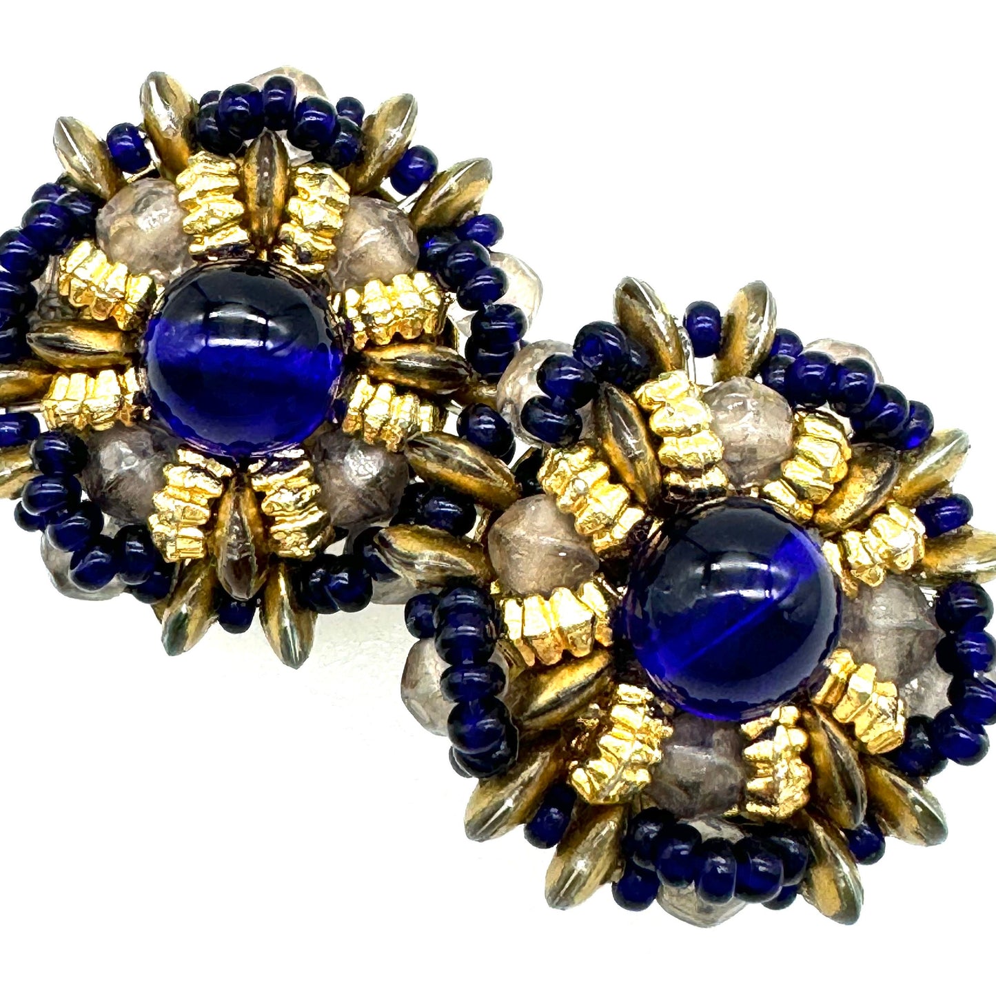 Unsigned Blue Glass Cabochon Beaded Clip On Earrings