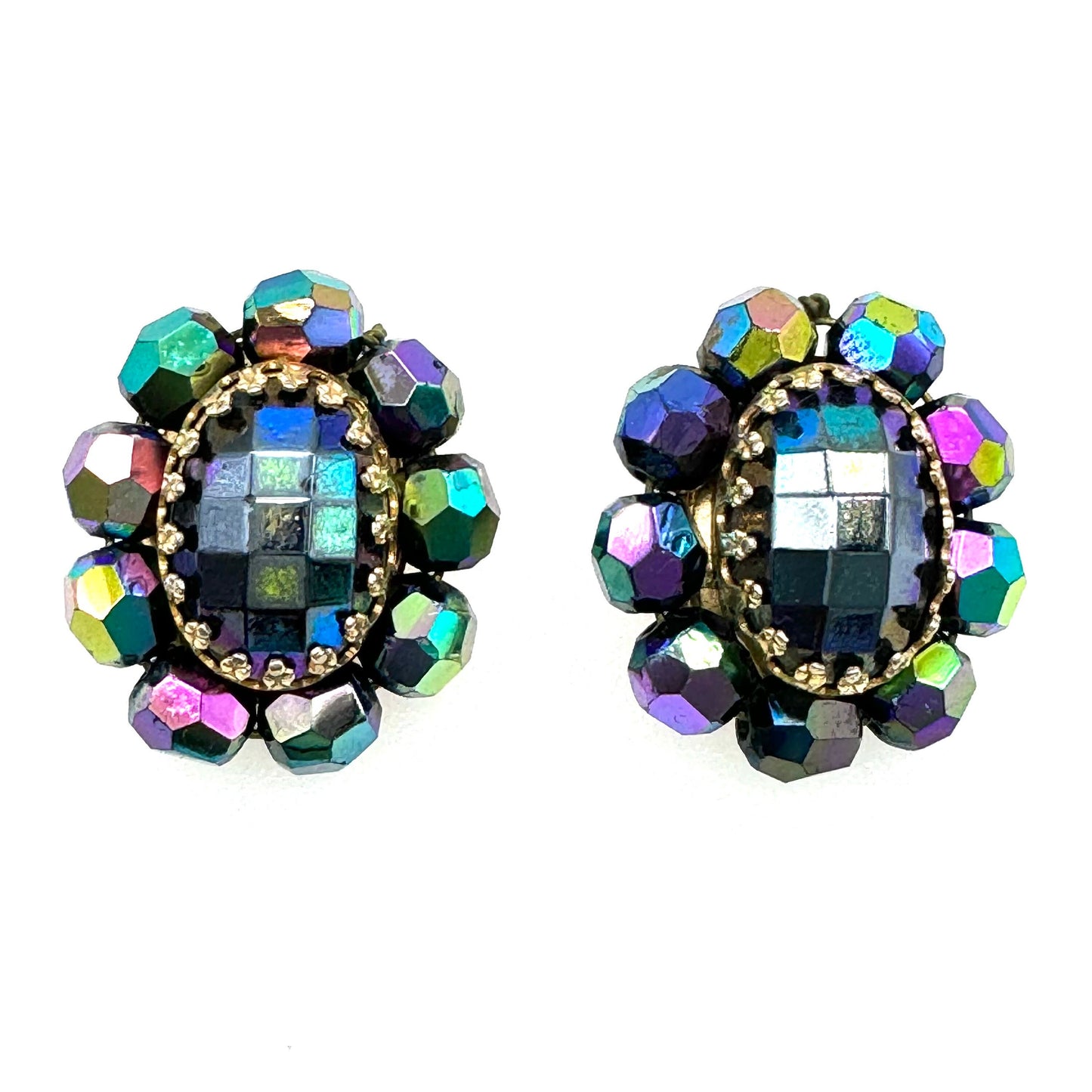 Unsigned Midnight Faceted Bead and Iridescent Coating Clip On Earrings