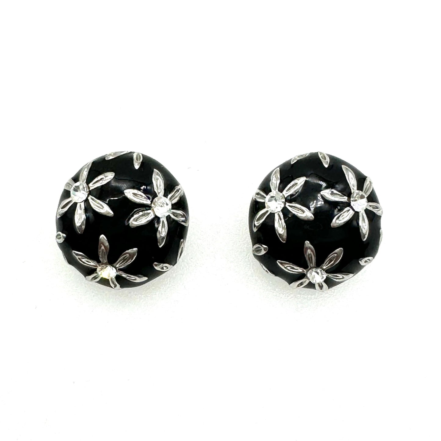 Unsigned Black Enamel and Rhinestone Flower Domed Clip On Earrings