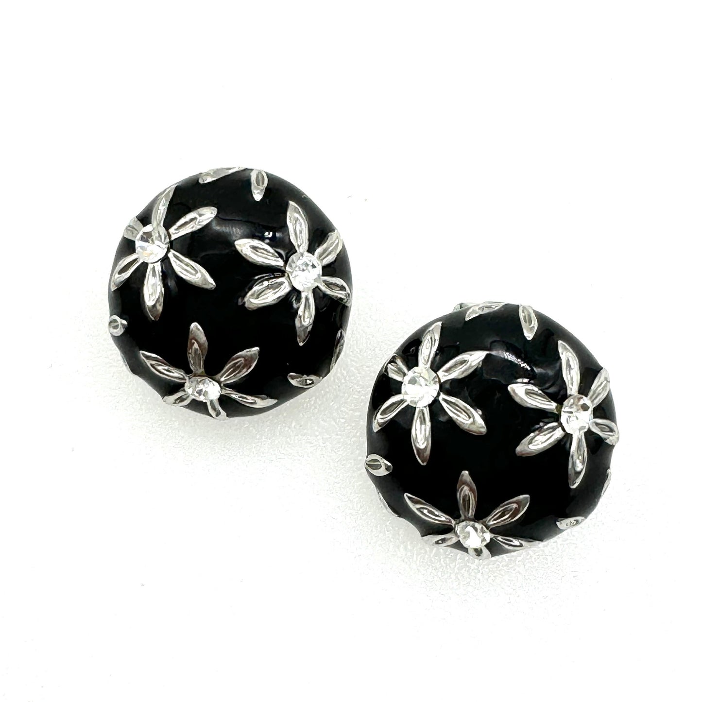 Unsigned Black Enamel and Rhinestone Flower Domed Clip On Earrings