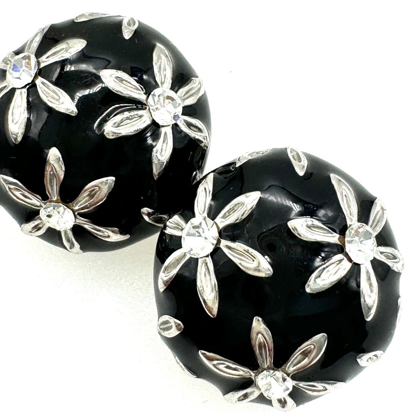 Unsigned Black Enamel and Rhinestone Flower Domed Clip On Earrings