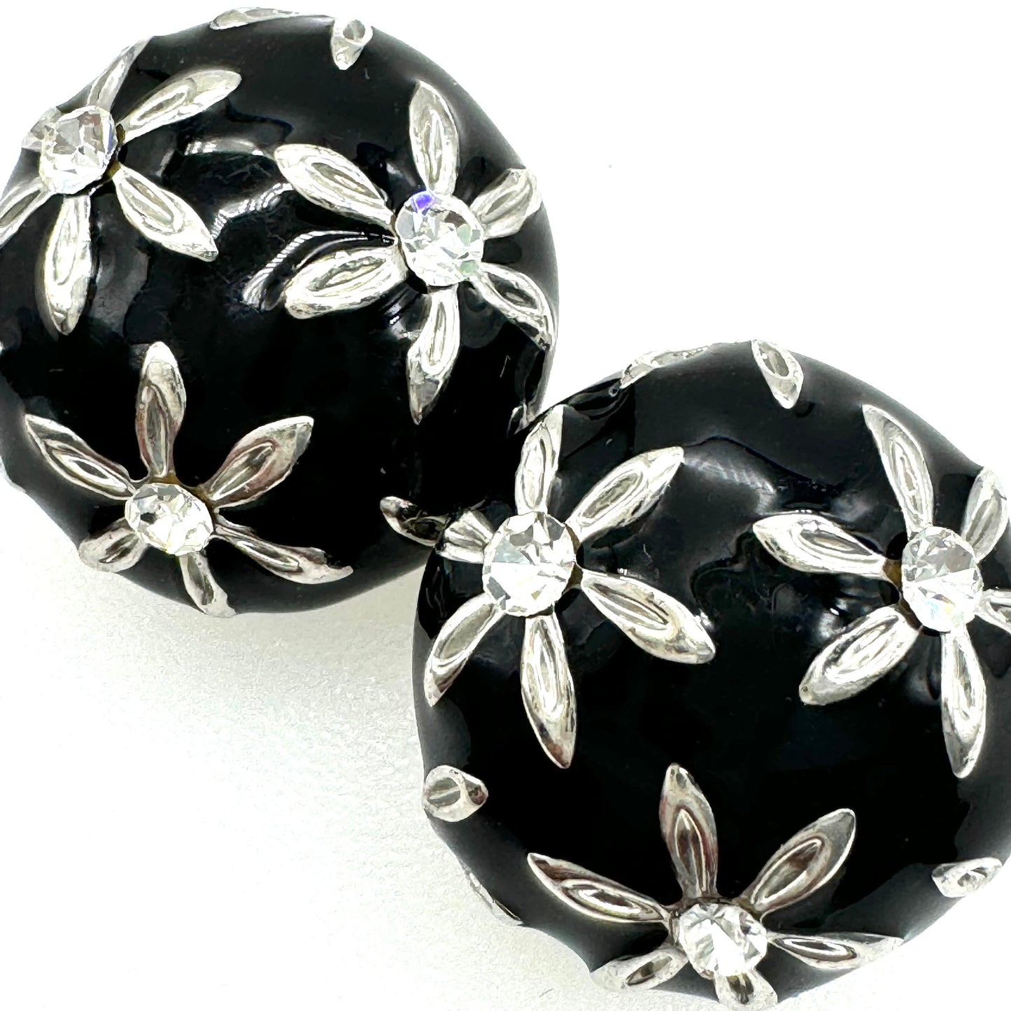 Unsigned Black Enamel and Rhinestone Flower Domed Clip On Earrings