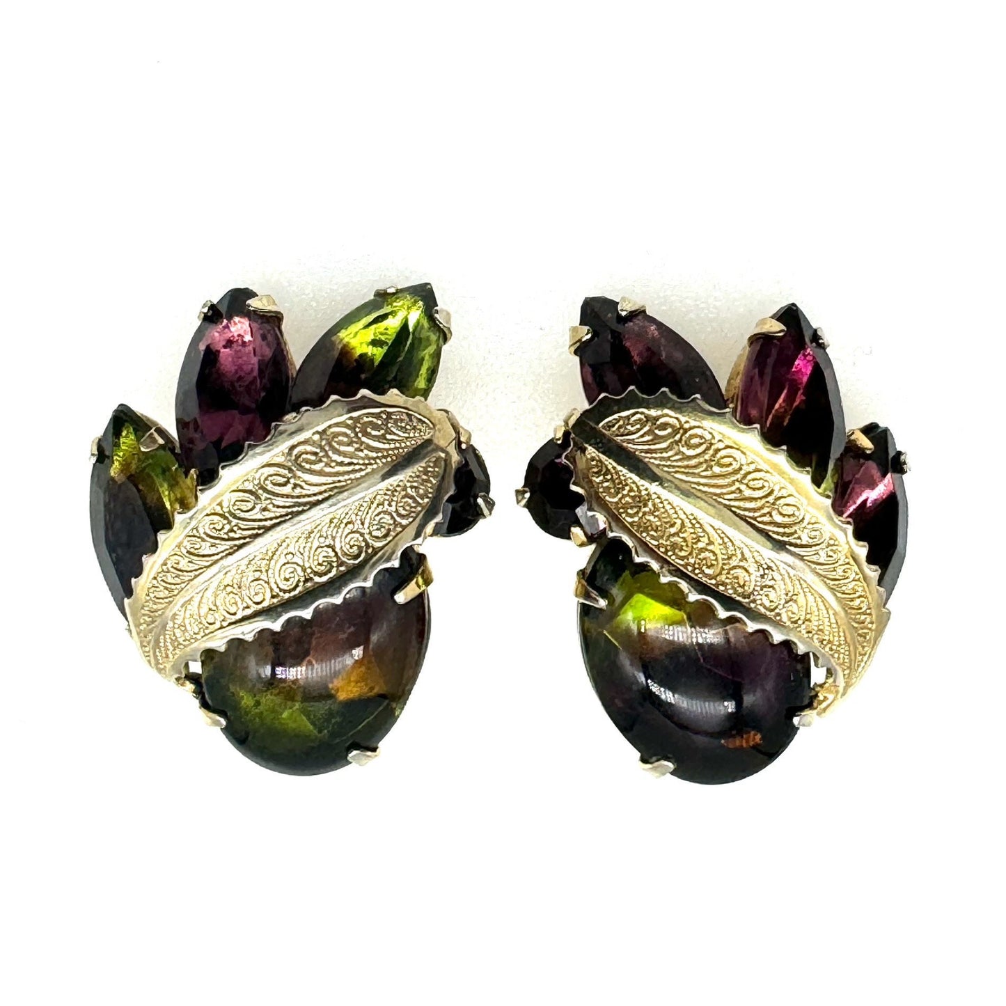 Albert Weiss Watermelon Glass and Leaf Clip On Earrings