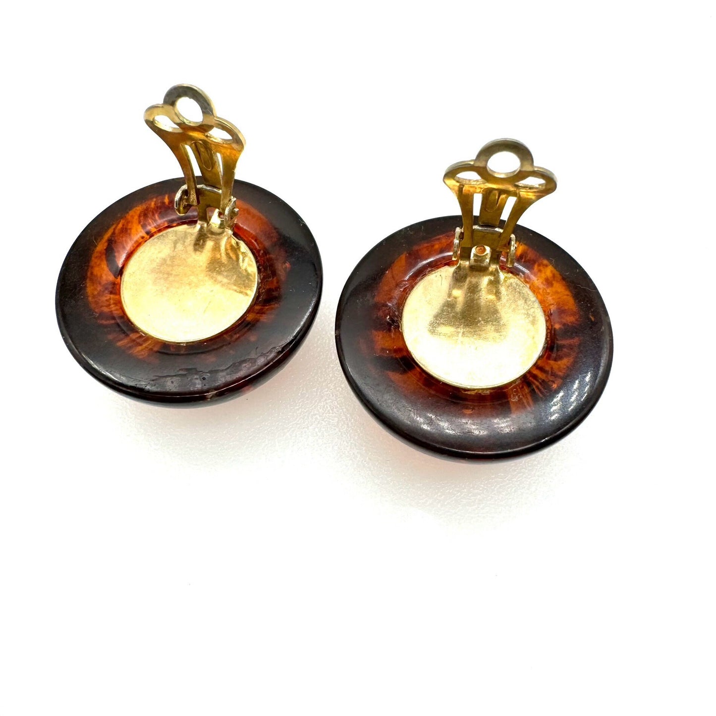 Large Round Domed Faux Cognac Amber Plastic Clip On Earrings