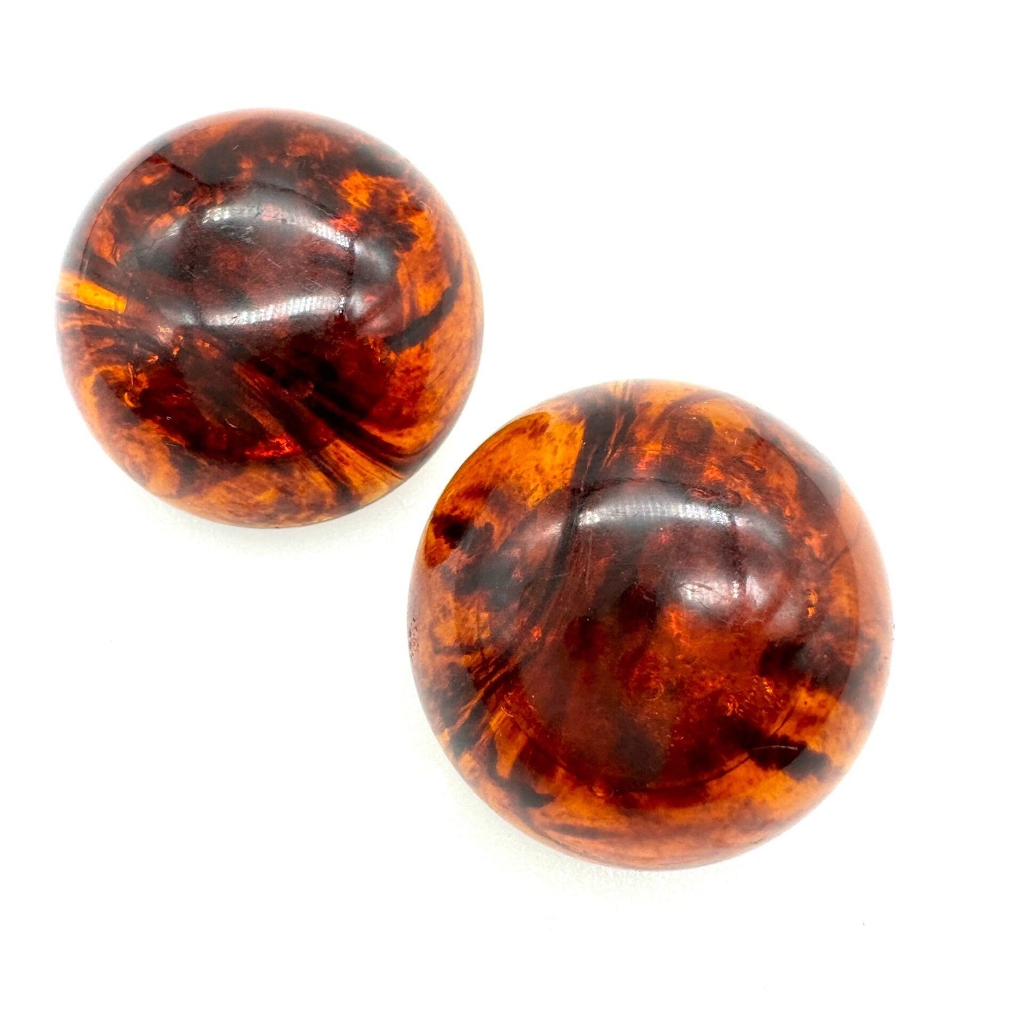 Large Round Domed Faux Cognac Amber Plastic Clip On Earrings