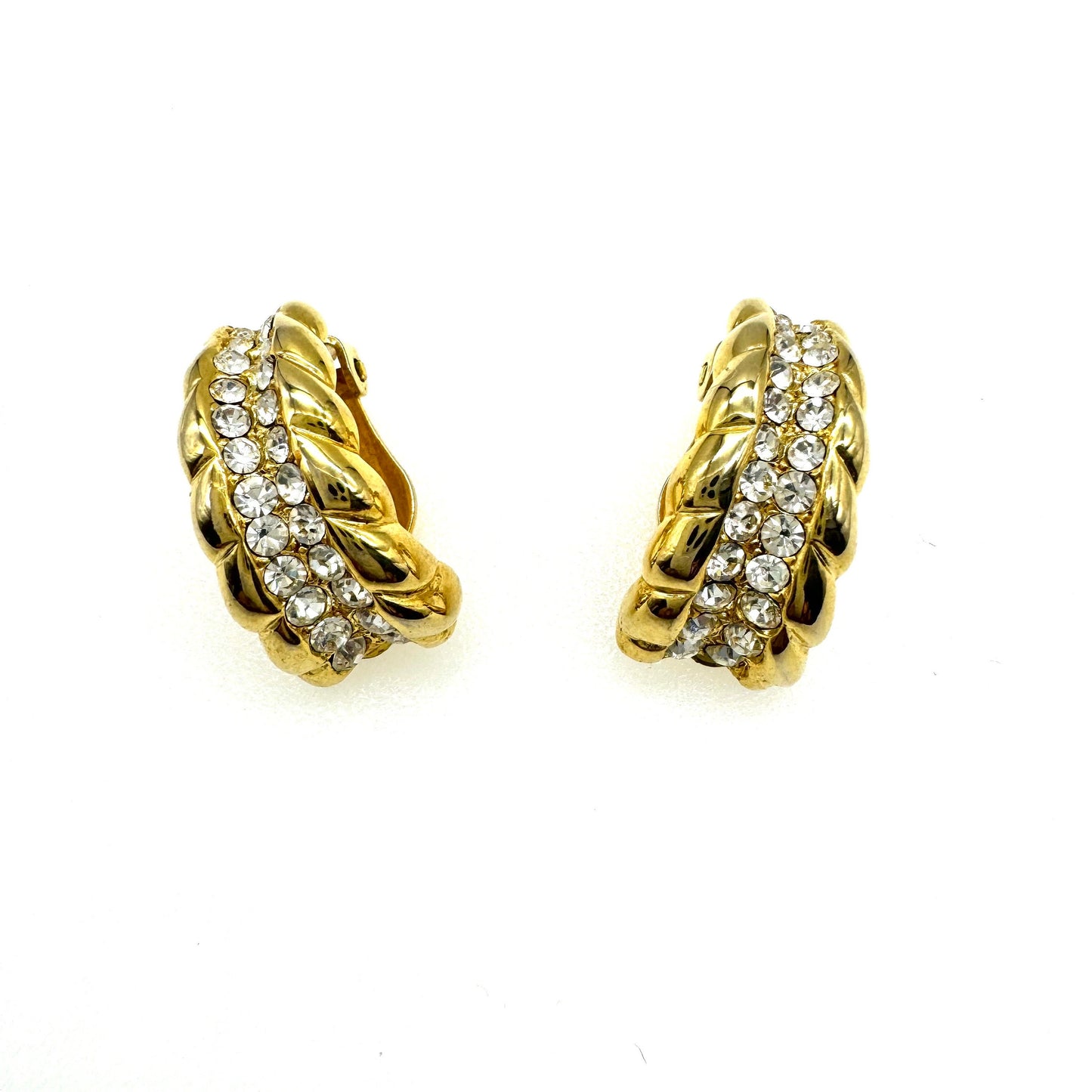 Unsigned Demi Hoop Pave Set Crystals Clip On Earrings