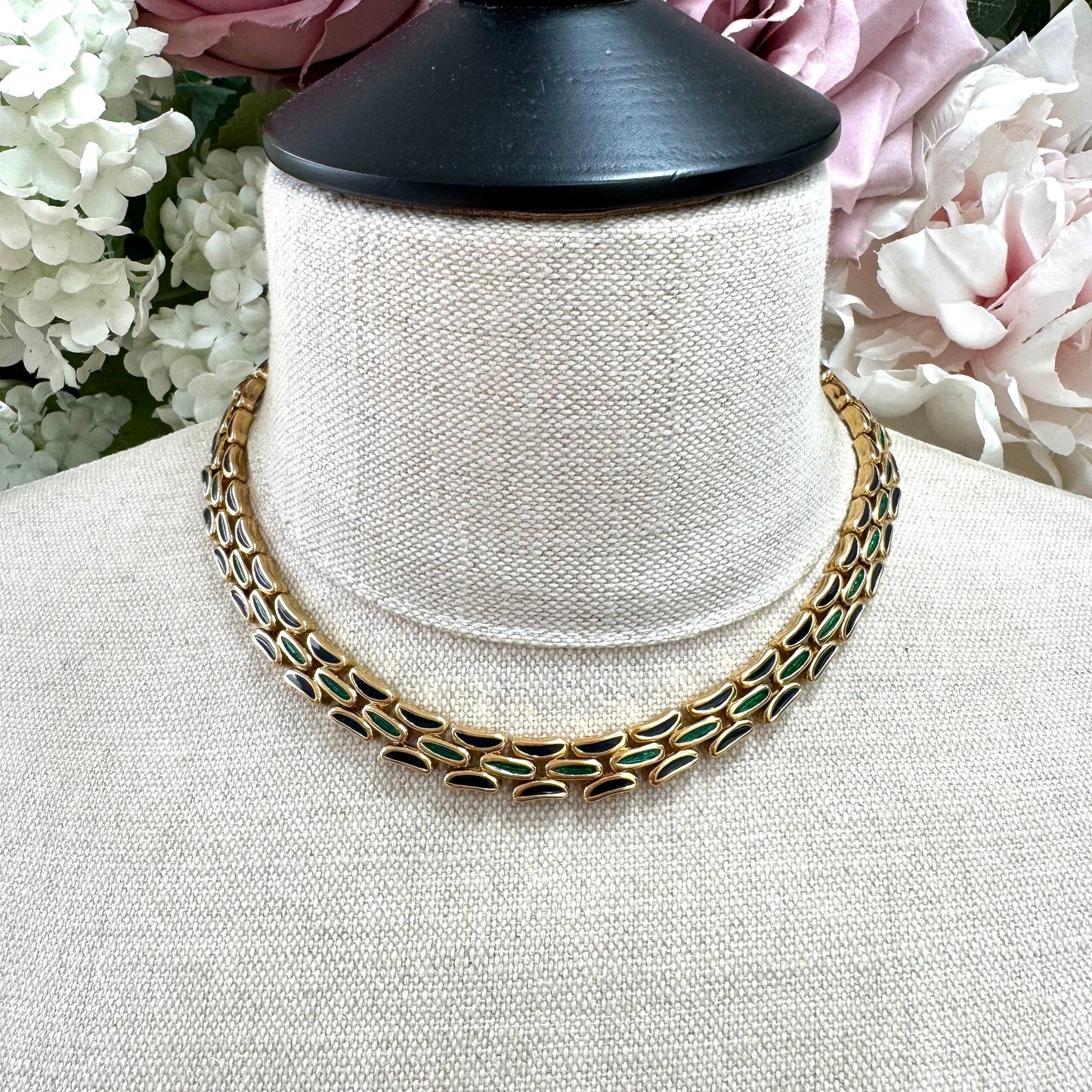 D'Orlan Green and Black Enamel Link 22ct Triple Gold Plated Necklace