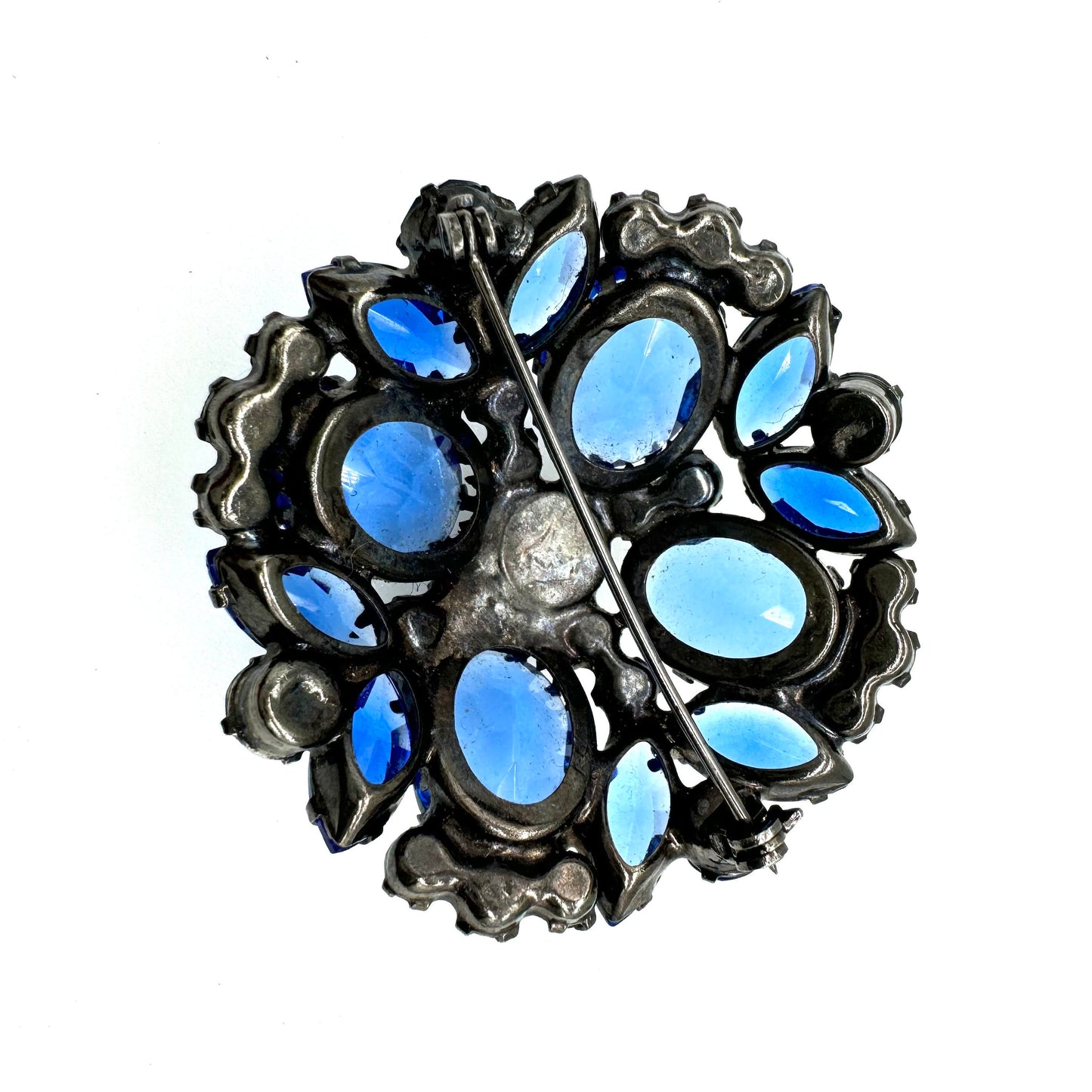 Juliana D&E Blue (Some AB) Rhinestone Brooch in a Japanned Dog Tooth Setting