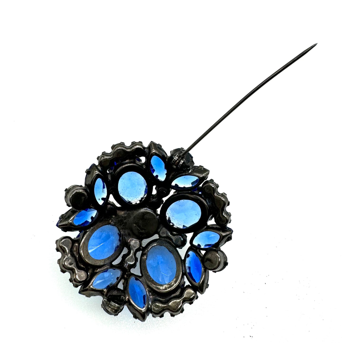 Juliana D&E Blue (Some AB) Rhinestone Brooch in a Japanned Dog Tooth Setting