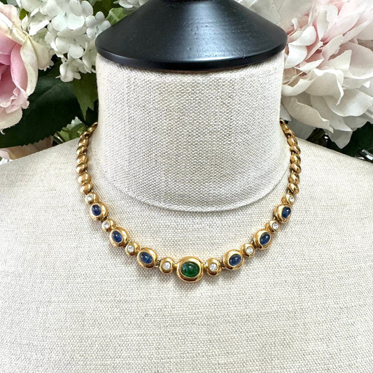 Unsigned 1980's Green and Blue Cabochon and Rhinestone Necklace