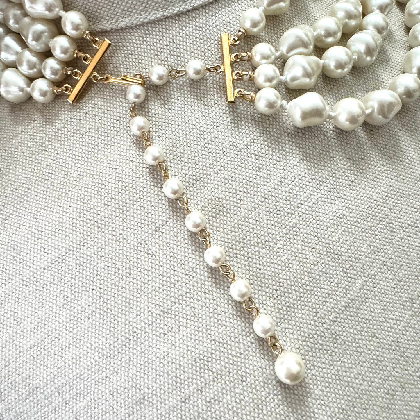 Four Strand Hand Knotted Faux Baroque Pearl Hook Clasp Necklace