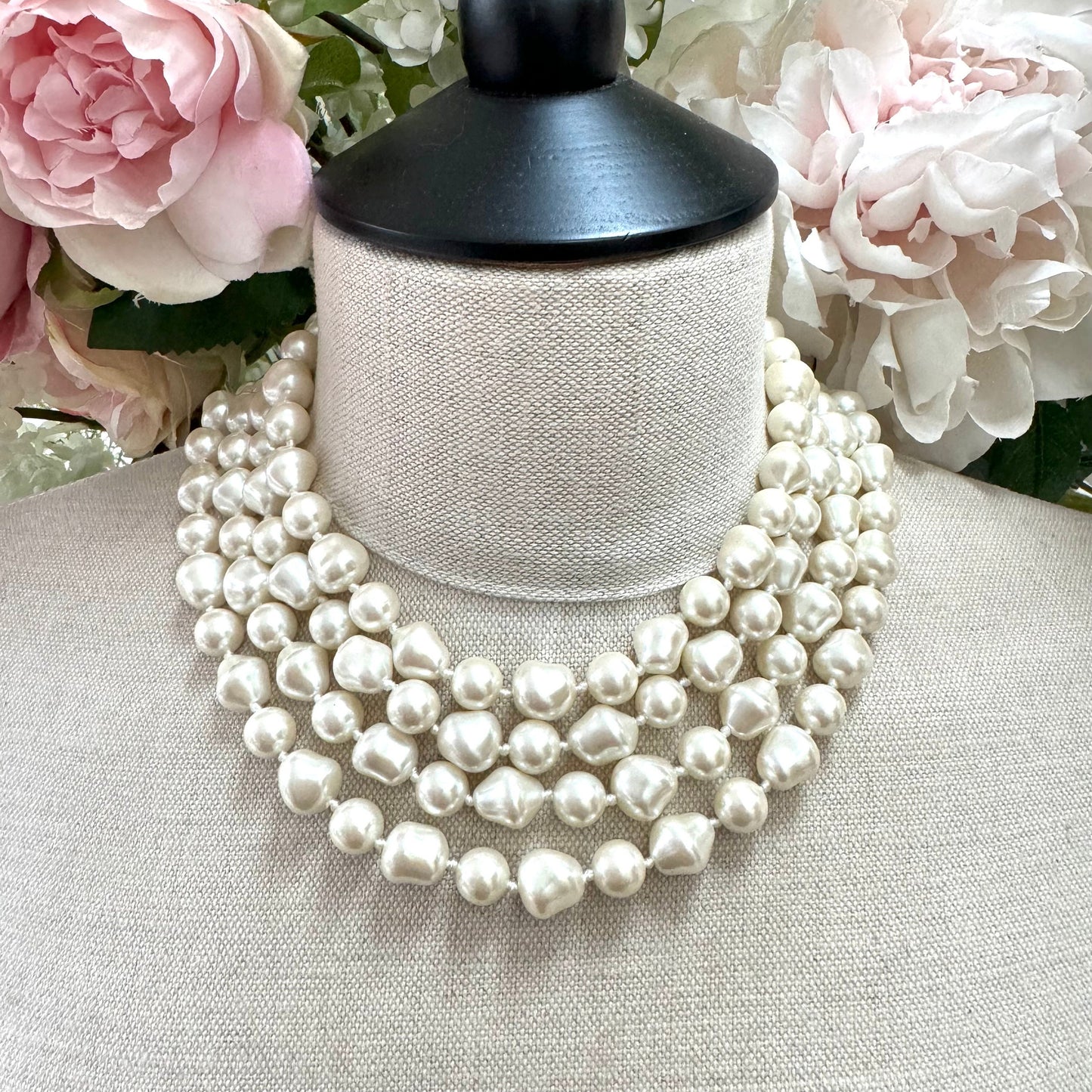 Four Strand Hand Knotted Faux Baroque Pearl Hook Clasp Necklace