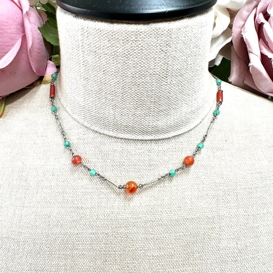 Art Deco Carnelian and Aqua Glass Rigid Link Necklace