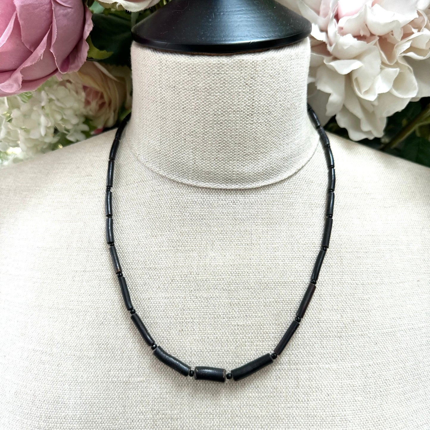 1950's Black Coral (Natural) Graduated Tube Bead and Glass Seed Bead Necklace