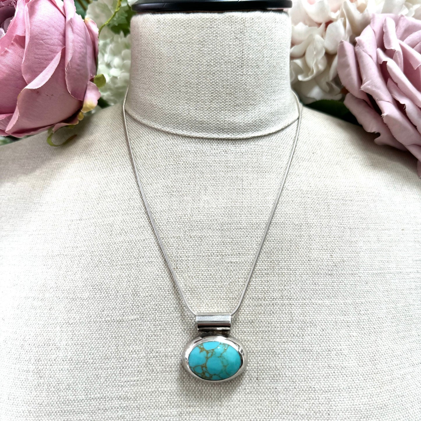 Mexico 925 Silver Synthetic Turquoise Wide Bail Pendant Necklace