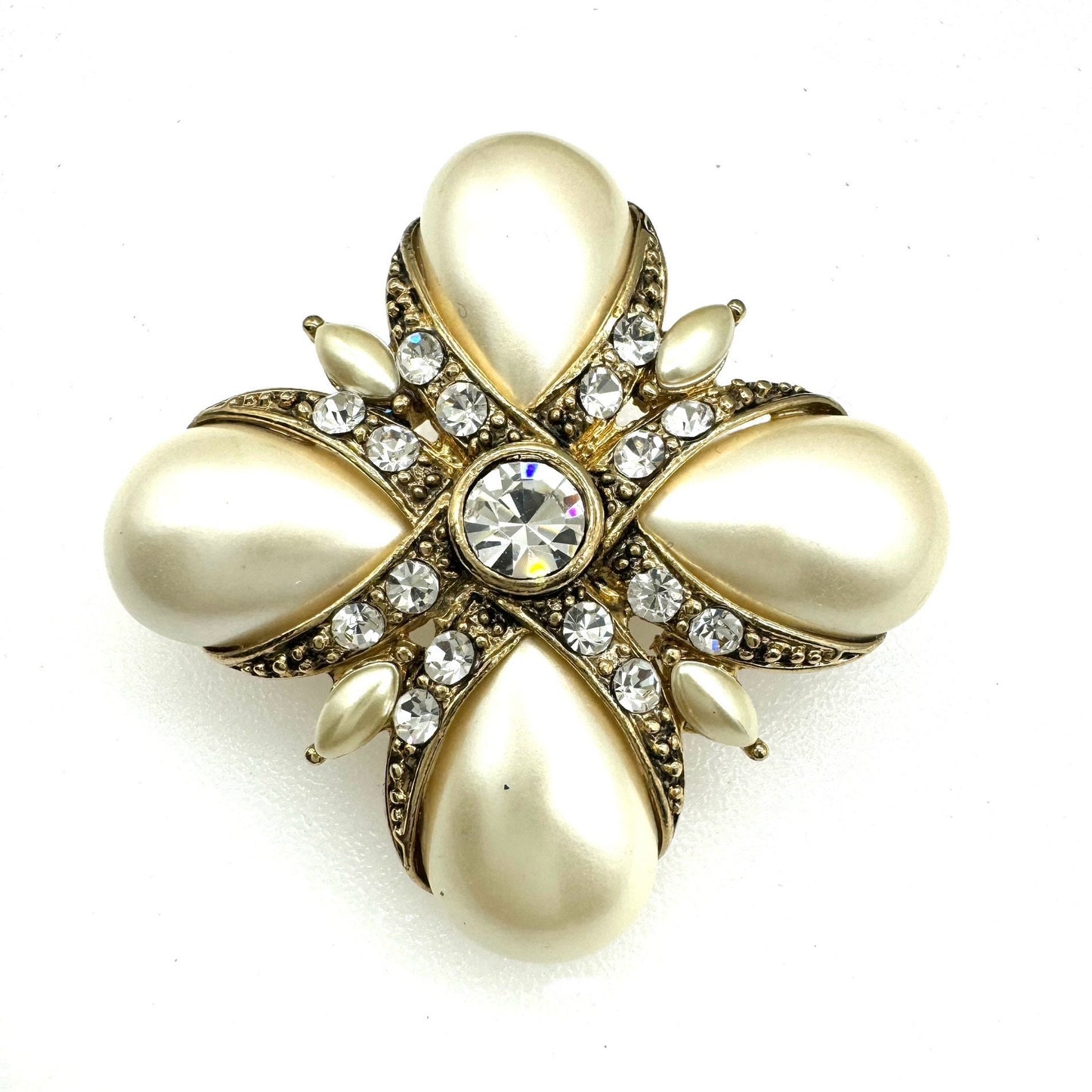 Monet Maltese Cross Inspired Faux Pearl and Swarovski Crystal Brooch