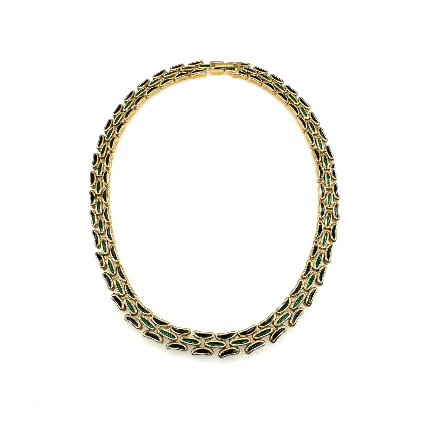 D'Orlan Green and Black Enamel Link 22ct Triple Gold Plated Necklace