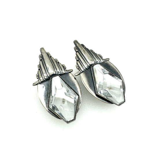 Ermani Bulatti Art Deco Inspired Elongated Crystal Clip On Earrings