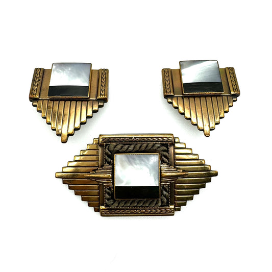 Ermani Bulatti 1980's Art Deco Inspired - Mother of Pearl, Onyx, and Silk Brooch and Clip On Earrings