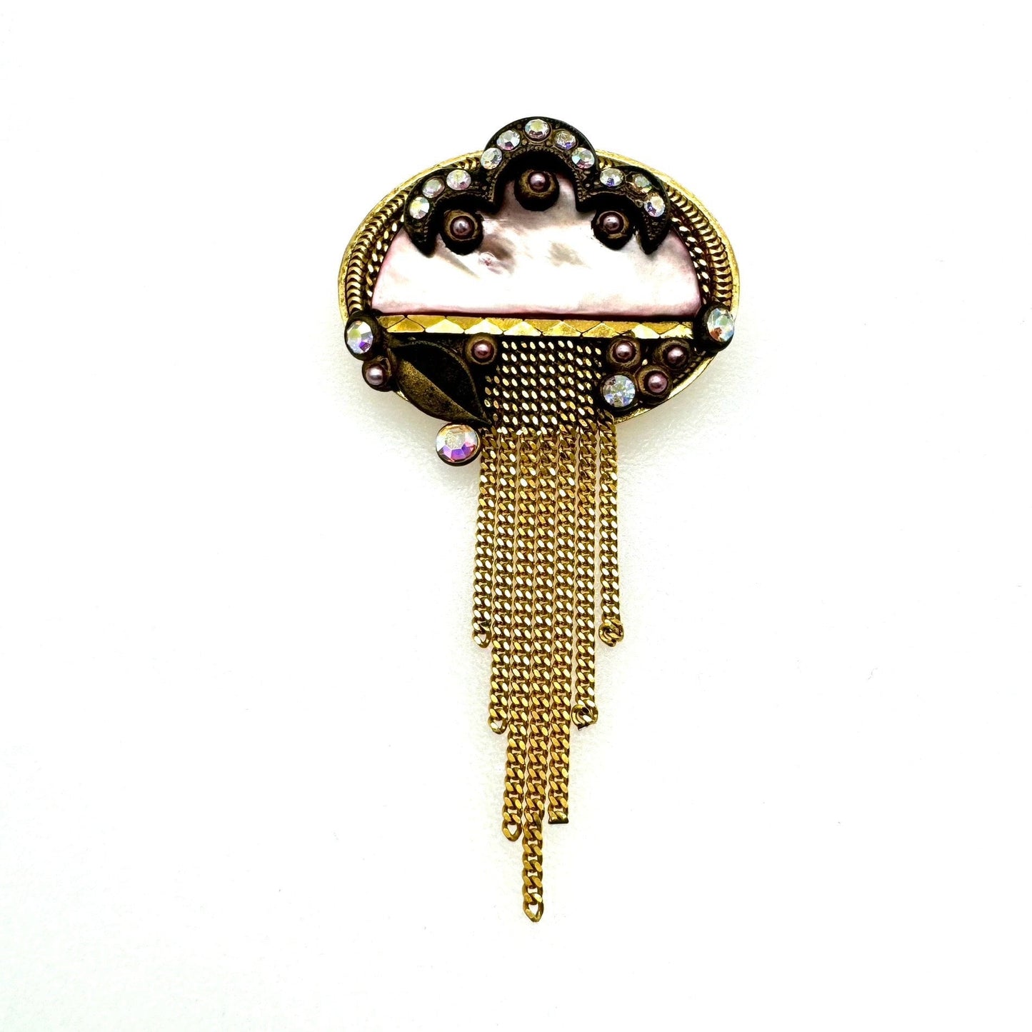 Marena (W.Germany) Hand Made Mother of Pearl and Aurora Borealis Crystal Waterfall Tassel Brooch