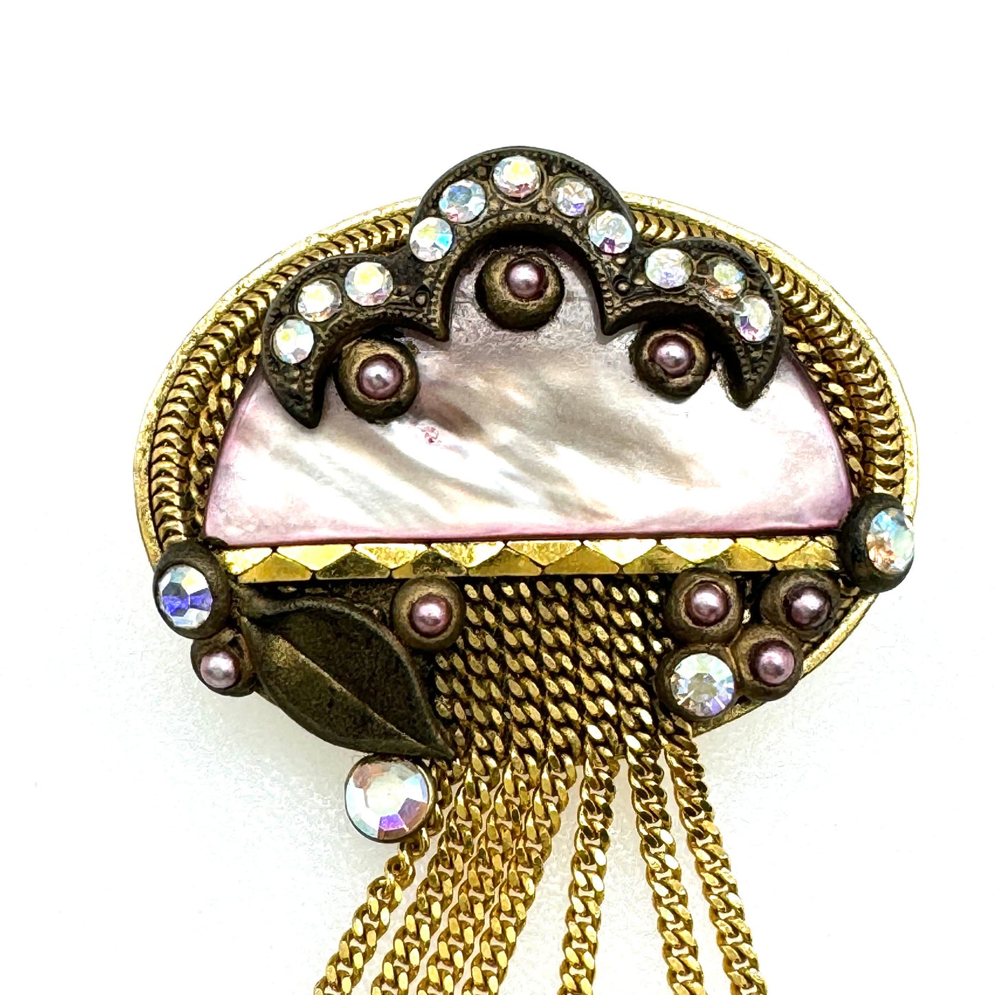 Marena (W.Germany) Hand Made Mother of Pearl and Aurora Borealis Crystal Waterfall Tassel Brooch