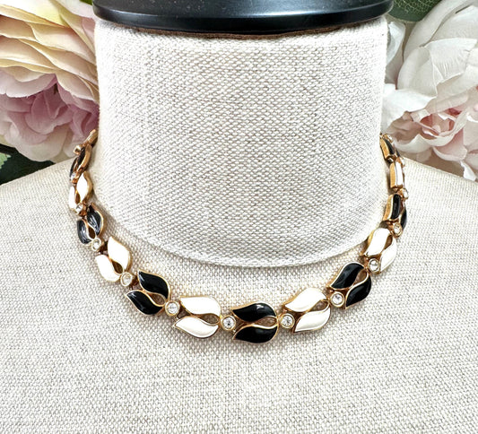 Unsigned Black and White Enamel Stylised Tulip and Rhinestone Necklace Choker