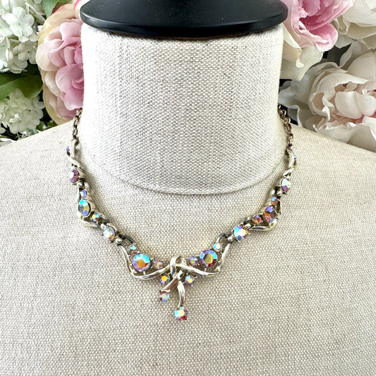 Coro Aurora Borealis Rhinestone Ribboned Bow Necklace